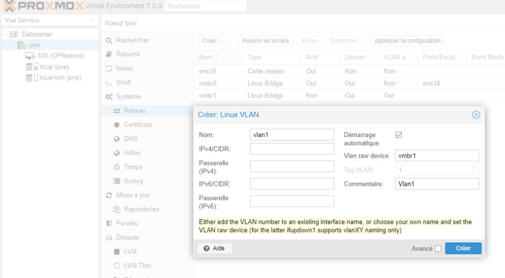 Default configuration network on proxmox