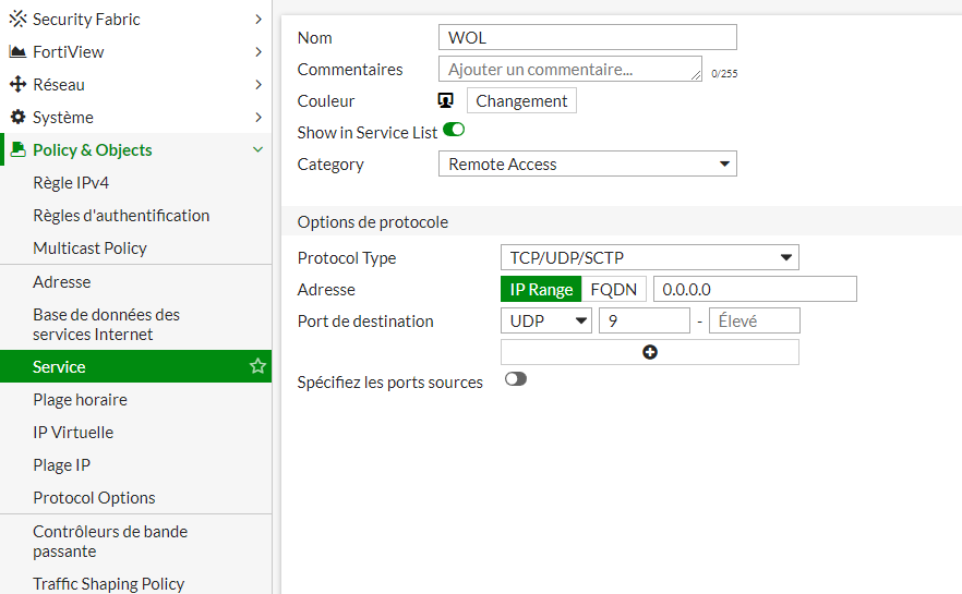 Creating the Wake On Lan service on Fortinet