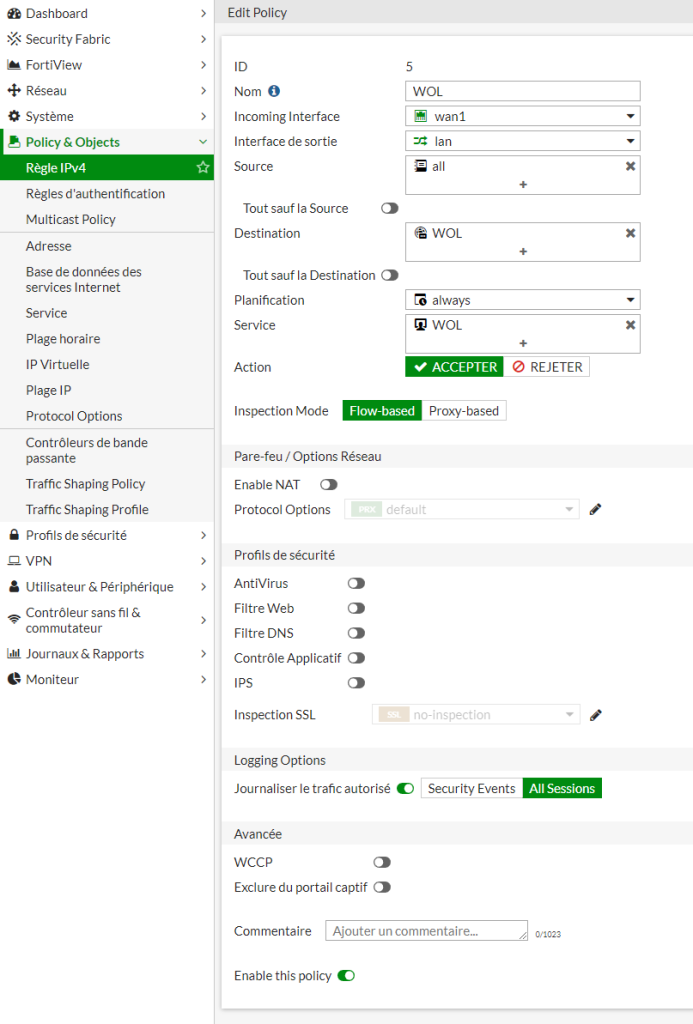 Creation of the IPV4 filtering rule on Fortinet